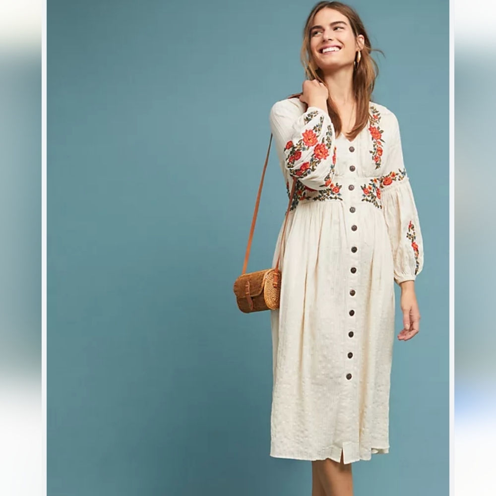 Boutique White Red Orange Floral Green Embroidered Midi Long Sleeve Dres…